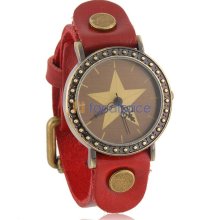 Shshd Star Pattern Analog Watch with PU Leather Strap (Red)