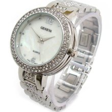 Silver Geneva Bold Case Rhinestones Bezel & Bracelet Women's Watch