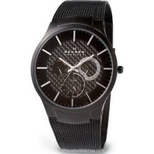 Skagen All Black Titanium Mens Watch - Day/Date Sub-Dials - Mesh