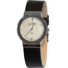 SKAGEN Denmark New Womens Crystals Round Analog Watch Black Leather Band MOP