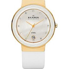 Skagen Denmark Women's White Leather Watch with Faceted Glass Bezel