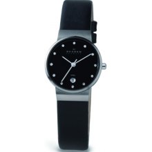 Skagen Ladies Watch 355Sslb With Black Leather Strap And Black Dial