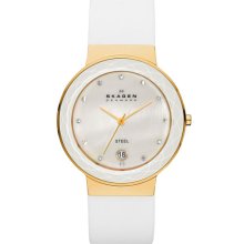 Skagen Large Faceted Glass Bezel Watch White/ Gold