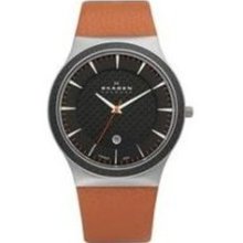 Skagen Mens Carbon Fiber Analog Stainless Watch - Orange Bracelet - Black Dial - 234XXLTLO