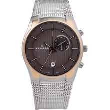 Skagen Mens GMT/Alarm Stainless Watch - Silver Mesh Bracelet - Black Dial - 853XLSRM