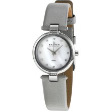 Skagen Mother Of Pearl Dial Stainless Steel Grey Leather Ladies Watch 109sslml