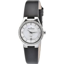 Skagen Mother Of Pearl Swarovski Crystal Black Leather Ladies Watch 630sslb1