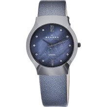 Skagen Women's Ceramic Blue Mop Dial Blue Leather Strap Watch