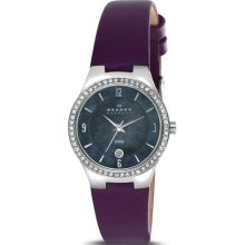 Skagen Women's Stainless Steel Plum Leather Strap Watch (Skagen MOP Dial Leather Band Womens Watch)