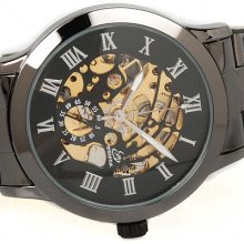 Skeleton Roman Numeral Hour Iron Black Steel Men Gift Automatic Mechanical Watch