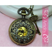 Steampunk Golden Dial Pocket Watch Necklace, with brass Key