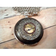 Steampunk Silver Pocket Watch - Iron Gate - Gold and Red
