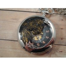 Steampunk Skeleton Wing Pocket Watch - Raven - Exposed Gears