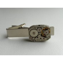 Steampunk Tie Clip, silver tone, with vintage watch movement . Vintage upcycled mens Tie Tack, Industrial chic, Gift under 30 Dollars