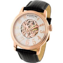 Stuhrling 107a 334534 Apollo Auto Skeleton Rose Case Black Leather Mens Watch