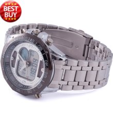 Stylish 2 Movements Men Quartz Digital Wrist Watch Light Silver Steel Week Js07