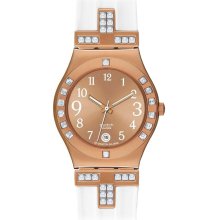 Swatch YLG403 Rose Gold Dial White Silicone Strap Women's Watch