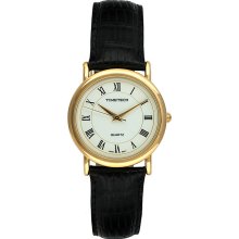 Timetech Men's Goldtone Black Leather Strap Watch (Timetech mens round gold-tone black leather strap watch)