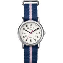 Timex Women's T2P074 Weekender Blue/Pink Stripe Slip Thru Nylon Strap Watch (Blue/Pink/White)