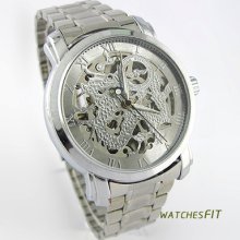 Trendy Men's Metallic Hollow Skleton S/steel Automatic Mechanical Wrist Watch
