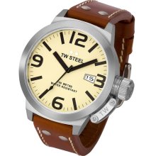 TW Steel Mens Canteen Analog Stainless Watch - Brown Leather Strap - Beige Dial - TW21
