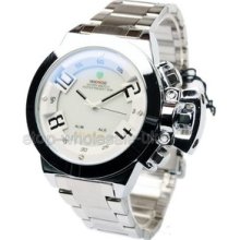 Unique Analog Digital Led Display Mens Stainless Steel Sports Wrist Watch White