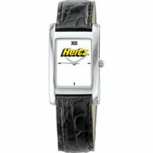 Unisex Silver Watch With Rectangular Dial And Black Leather Band