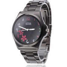 Unisex Three Flowers Steel Quartz Analog Wrist Watch (Black)