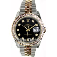 Unused Rolex Datejust Men's Steel and Gold Model w/Amazing Custom Added Black Diamond Dial and Bead Set Diamond Bezel-2005