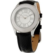 Vicence Round Satin Finish Bezel Black Leather Strap Watch, 14K - White - One Size