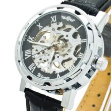 Vintage Men's Black Pu Leather Skeleton Mechanical Sport Army Wrist Watch