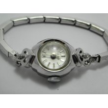 Vintage Timex Rhodium Plated Mechanical Ladies Watch 2 Diamonds Speidel Band - Silver - Other