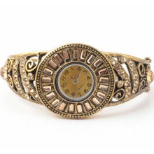Vtg Inspired Rhinestone Crystal Smart Hollow Cuff Brown Watch Bracelet 7