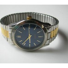 Vtg Old Quartz Gold Silver Chrome 2 Tone Blue Lg Face Flex Mens Dress Watch 192