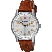 Wenger Mens Commando Day Date XL Silver Dial Brown Strap