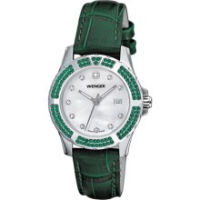 Wenger Womens Sport Elegance Alpine Crystal Stainless Watch - Green Leather Strap - Pearl Dial - 70313