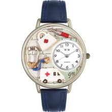 Whimsical Watches Mid-Size EMT Quartz Movement Miniature Detail Navy Leather Strap Watch