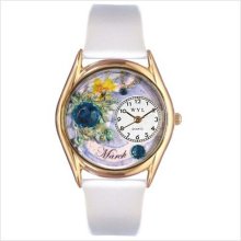 Whimsical Watches Women's Birthstone:march White Leather And Gold Tone Watch