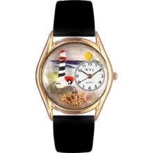 Whimsical Watches Women's Lighthouse Black Leather and Gold Tone Watch