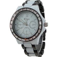 White & Black Metal Watch w/ Clear Baguette Stones & Chronograph Look - White - Metal - 3