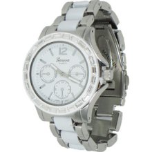 White & Silver Metal Watch w/ Clear Baguette Stones & Chronograph Look - White - Metal - 3