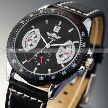 Winner Red Black Automatic Auto Mechanical Date Men's Leather Band Watch Gift