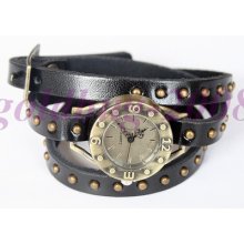 Woman Fashion Elegant Rivet Weave Wrap Around Leather Retro Bracelet Wrist Watch