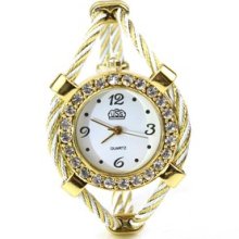 Women Gold Tone Rhinestone Twisted Band Bracelet Wrist Watch White