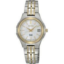 Women`s Seiko Solar Watch W/ White Dial & Two-tone Stainless Steel Bracelet