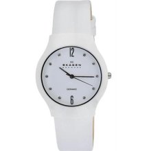 Women's Ceramic Case Leather Bracelet White Tone Dial Swarovski Crysta