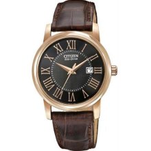 Women's Eco-Drive Rose Gold Stainless Steel Case Leather Bracelet Black Dial Dat
