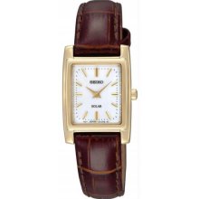 Women's Gold Tone Dress Solar Quartz White Dial Brown Leather Strap