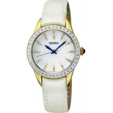 Women's Gold Tone Stainless Steel Case Leather Strap White Dial Crysta