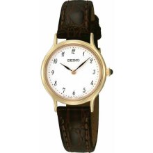 Women's Gold Tone Stainless Steel Case Quartz White Dial Leather Strap